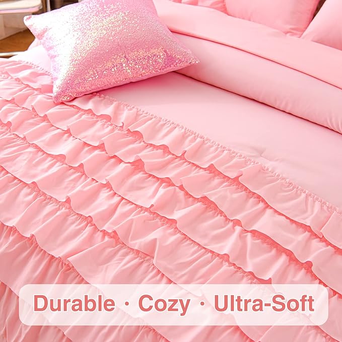 A Nice Night Waterfall Flutter Ruffle Comforter Set,Ruffled Textured Soft Chic Princess 6pcs Bedding Set,with Bling Shiny Sequin Throw Pillow Case,Pink,Twin - LeafyLoom