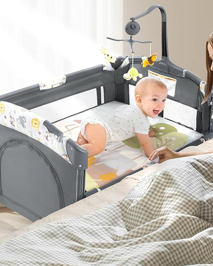 5 in 1 Infant Newborn Baby Crib,Baby Bassinet Bedside Cribs,Pack and Play with Bassinet and Changing Table,Portable Travel Baby Playpen with Bassinet Toys & Music Box,Portable Travel Crib,Dark Gray - LeafyLoom