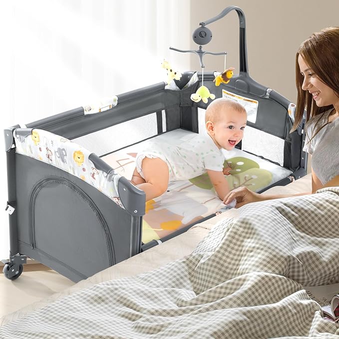 5 in 1 Infant Newborn Baby Crib,Baby Bassinet Bedside Cribs,Pack and Play with Bassinet and Changing Table,Portable Travel Baby Playpen with Bassinet Toys & Music Box,Portable Travel Crib,Dark Gray - LeafyLoom