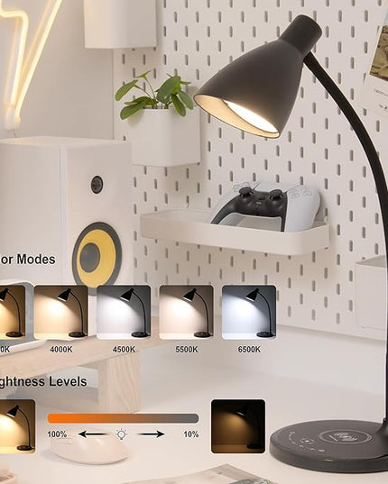 Desk Lamp with Wireless Charger, 12W 1000LM Touch Dimmable Reading Lamp with USB Charging Port, 5 Colors 6 Brightness Eye Care Bedside Table Lamp Gooseneck Desk Light for Home Office - LeafyLoom