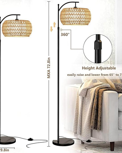 Floor Lamp for Living Room,Bedroom,Boho Rattan Floor Lights,Tree 3 Bulb Standing Lamp Farmhouse Industrial Black Tall Lamp,Wicker Bamboo Lamp Shade Flower Dimmable Floor Lamps Bohemian Decor - LeafyLoom