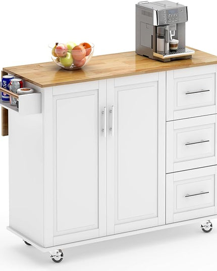 soges Mobile Kitchen Island with Storage and Drop Leaf on Wheels, Rolling Kitchen Island Table Cart with 3 Drawers and Large Storage Cabinets, Spacious Desktop, Adjustable Shelves, White - LeafyLoom