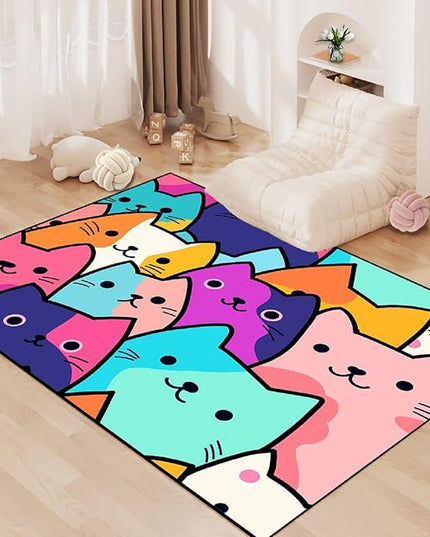 Cat Rug for Girls Bedroom - Cat Area Rug Cartoon Cat Rug Carpet for Kids Room Cute Cat Rugs Room Decor Colorful Anime Rug with Cat Printed, 4x5 Feet - LeafyLoom