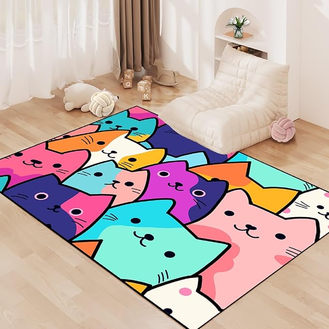 Cat Rug for Girls Bedroom - Cat Area Rug Cartoon Cat Rug Carpet for Kids Room Cute Cat Rugs Room Decor Colorful Anime Rug with Cat Printed, 4x5 Feet - LeafyLoom