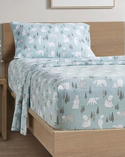 Comfort Spaces Cotton Flannel Breathable Warm Deep Pocket Sheets with Pillow Case Bedding, Twin, Blue Polar Bears 3 Piece - LeafyLoom