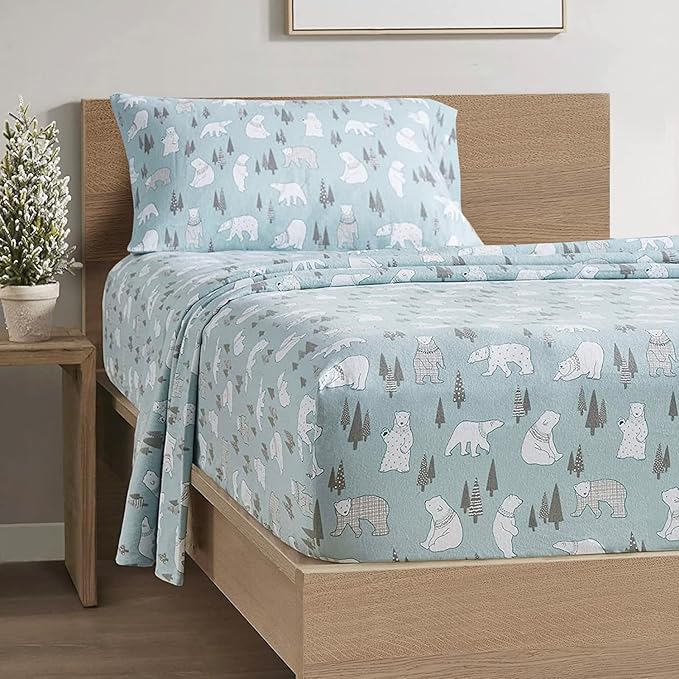 Comfort Spaces Cotton Flannel Breathable Warm Deep Pocket Sheets with Pillow Case Bedding, Twin, Blue Polar Bears 3 Piece - LeafyLoom