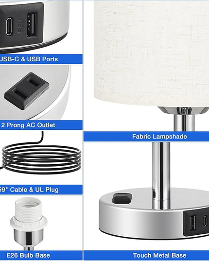 Touch Lamps for Bedrooms Set of 2 Modern - White 3 Way Dimmable Bedside Lamp with USB C and A Ports and Outlets, Nightstand Lamp with Silver Base, Small Table Lamps for Nursery Kids Girl and Boy - LeafyLoom