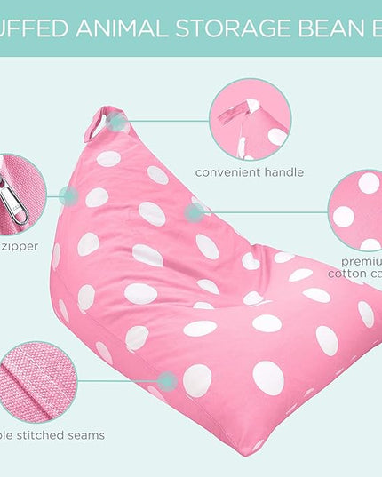 Aubliss Stuffed Animal Storage Bean Bag Chairs Cover, 50"x 35" Extra Large Bean Bags Chair for Kids & Adults, Beanbag Toy Storage for Boys Girls - Premium Cotton Canvas Pink Dot - LeafyLoom
