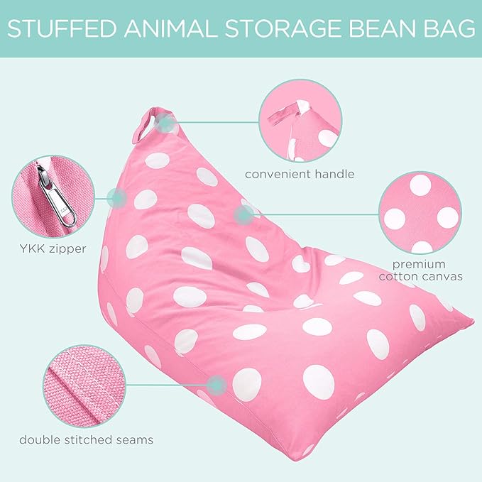 Aubliss Stuffed Animal Storage Bean Bag Chairs Cover, 50"x 35" Extra Large Bean Bags Chair for Kids & Adults, Beanbag Toy Storage for Boys Girls - Premium Cotton Canvas Pink Dot - LeafyLoom
