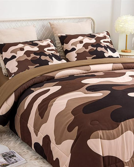 Meeting Story Camouflage Bedding Set, Colorful Pattern Style Comforter Set, 5 PCS One Comforter Two Pillowcases Two Sheets in One Bag, All Season Bedspread for Teens Adults (Coffee, Twin 5Pcs) - LeafyLoom