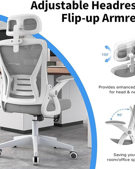 Ergonomic Office Chair, Mid Back Desk Chair with Adjustable Height, Swivel Chair with Flip-Up Arms and Lumbar Support, Breathable Mesh Computer Chair with Headrest (White and Grey) - LeafyLoom