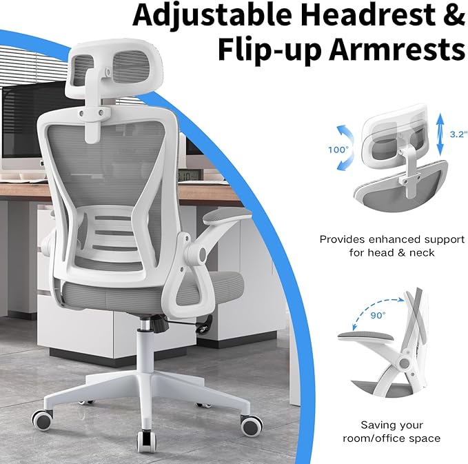 Ergonomic Office Chair, Mid Back Desk Chair with Adjustable Height, Swivel Chair with Flip-Up Arms and Lumbar Support, Breathable Mesh Computer Chair with Headrest (White and Grey) - LeafyLoom