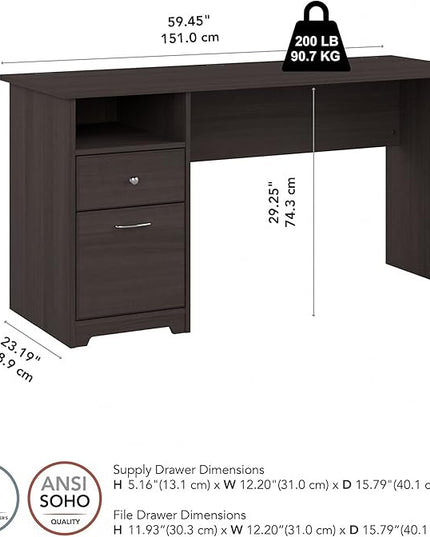 Bush Business Furniture Cabot Desks for Home Office with Storage and Chrome Hardware, Elegant Computer Table with Drawers, 60W, Heather Gray - LeafyLoom