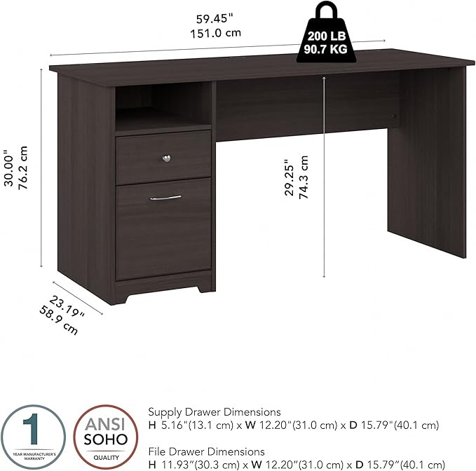Bush Business Furniture Cabot Desks for Home Office with Storage and Chrome Hardware, Elegant Computer Table with Drawers, 60W, Heather Gray - LeafyLoom