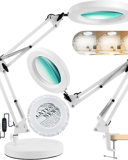 Magnifying Glass with Light and Stand - 2-in-1 Stepless Dimmable LED Magnifying Desk Lamp with Clamp - 3 Color Modes Lighted Magnifier Lens Swivel Arm Light for Reading, Craft, Close Works - LeafyLoom