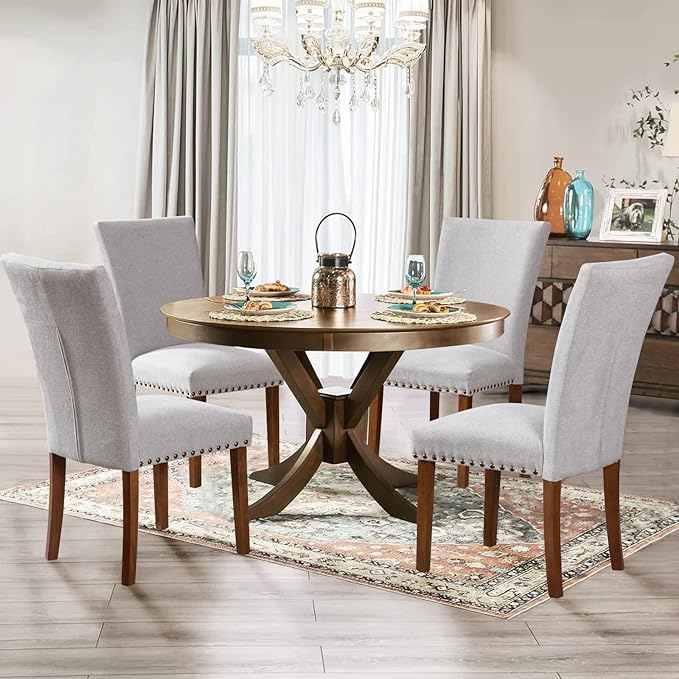 Parsons Dining Chairs Set of 4, Upholstered Nailhead Dining Room Kitchen Side Chair with Thick Cushions and Wood Legs, Light Grey - LeafyLoom