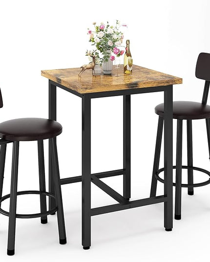 Recaceik 3 Piece Pub Dining Set, Modern bar Table and Stools for 2 Kitchen Counter Height Wood Top Bistro Easy Assemble for Breakfast Nook Living Room Small Space Restaurant, Rustic Brown 24” - LeafyLoom
