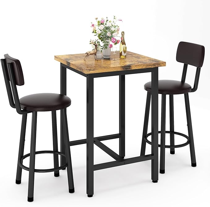 Recaceik 3 Piece Pub Dining Set, Modern bar Table and Stools for 2 Kitchen Counter Height Wood Top Bistro Easy Assemble for Breakfast Nook Living Room Small Space Restaurant, Rustic Brown 24” - LeafyLoom