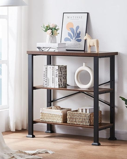 HOMBAZAAR Bookshelf, 3-Tier Vintage Industrial Book Shelf, Rustic Wood and Metal Bookcase and Bookshelves, Free Standing Storage Small Bookshelf for Living Room, Bedroom and Kitchen, Brown - LeafyLoom