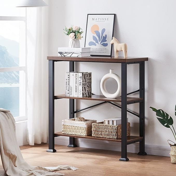 HOMBAZAAR Bookshelf, 3-Tier Vintage Industrial Book Shelf, Rustic Wood and Metal Bookcase and Bookshelves, Free Standing Storage Small Bookshelf for Living Room, Bedroom and Kitchen, Brown - LeafyLoom