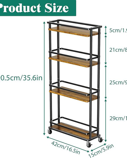 Slim Storage Cart 4 Tier Narrow Kitchen Rolling Cart on Wheels for Small Space, Mobile Spice Rack Seasoning Organizer Utility Serving Cart for Kitchen Bathroom Laundry, Brown - LeafyLoom