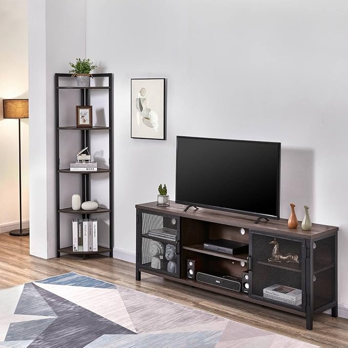 FATORRI Industrial Entertainment Center for TVs up to 65 Inch, Rustic Wood TV Stand, Large TV Console and TV Cabinet for Living Room (60 Inch Wide, Walnut Brown) - LeafyLoom