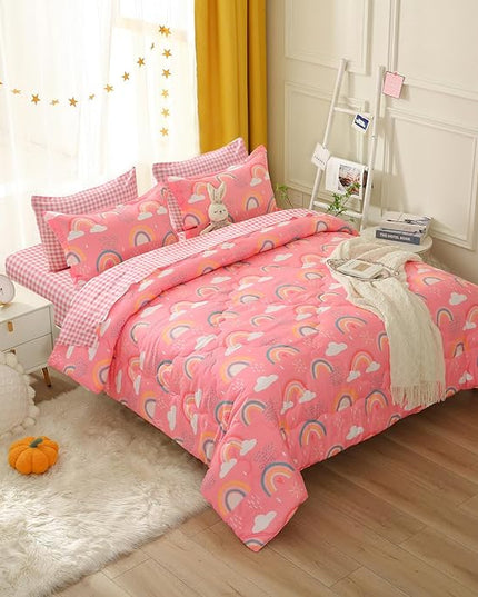 Kids Rainbow Comforter Set for Girls Teens Full Size 7 Piece Cloud Sun Pink Bedding Set 3D Cute Cartoon Love Hearts Bed in a Bag - LeafyLoom
