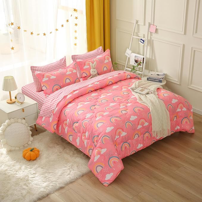 Twin Rainbow Comforter Set for Kids Girls Teens 7 Piece Pink Cloud Sun Pink Bed in a Bag 3D Cute Cartoon Love Hearts Bedding Set - LeafyLoom