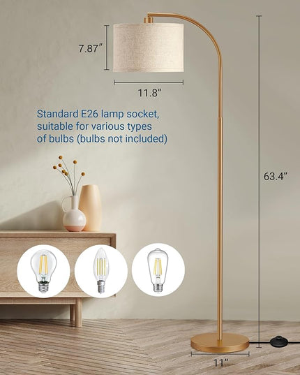 DEWENWILS Gold Arched Floor Lamps for Living Room, Boho Standing Arc Lamp with Adjustable Lampshade, Mid Century Modern Reading Light with Foot Switch for Bedroom, Home Office, Nursery - LeafyLoom