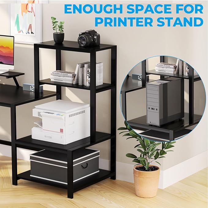 GreenForest Computer Desk 67 inch with Storage Printer Shelf, Reversible Gaming Home Office Desk Large Study Writing Table with Movable Monitor Stand and 2 Headphone Hooks for PC Working, Black - LeafyLoom