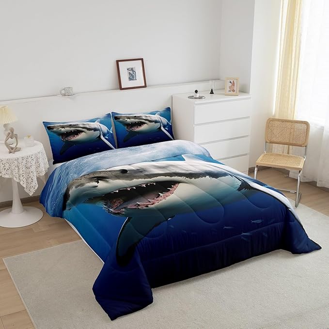 Kids Comforter Set for Boys Girls,3D Shark Fish Down Comforter 3 Piece Hawaiian Beach Theme Bedding Quilted Duvet Set Ocean Sea Animal Pattern Blue Duvet Insert for Toddler Teen Bedroom Decor,King - LeafyLoom