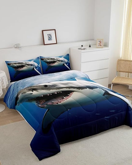 Kids Comforter Set for Boys Girls,3D Shark Fish Down Comforter 2 Piece Hawaiian Beach Theme Bedding Quilted Duvet Set Ocean Sea Animal Pattern Blue Duvet Insert for Toddler Teen Bedroom Decor,Twin - LeafyLoom