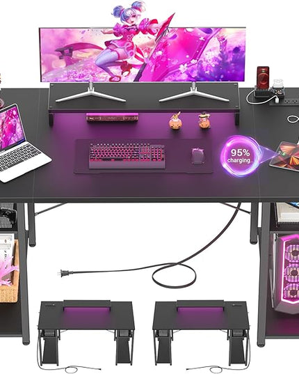 armocity Computer Desk with LED Lights, 55 Inch Desk with Power Outlet and USB, Reversible Large Desk with Moveable Monitor Stand, 55.2'' Gaming PC Table for Home Office, Workstation, Black - LeafyLoom