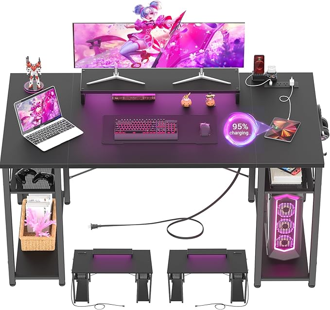 armocity Computer Desk with LED Lights, 55 Inch Desk with Power Outlet and USB, Reversible Large Desk with Moveable Monitor Stand, 55.2'' Gaming PC Table for Home Office, Workstation, Black - LeafyLoom