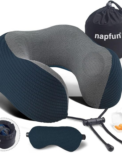 napfun Neck Pillow for Traveling, Upgraded Travel Neck Pillow for Airplane 100% Pure Memory Foam Travel Pillow for Flight Headrest Sleep, Portable Plane Accessories, Deep Blue Set, Medium (120-200LB) - LeafyLoom