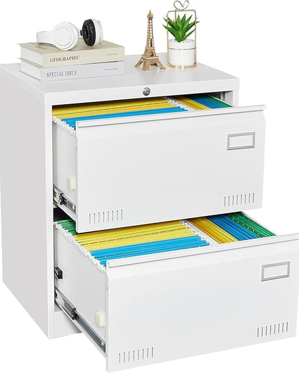 2 Drawer Lateral Lock and Card Holder, Multifunctional Metal Filing Cabinets w/Heavy 3 Section Slide Rail & Breathable Holes,for Legal/Letter/A4,White - LeafyLoom