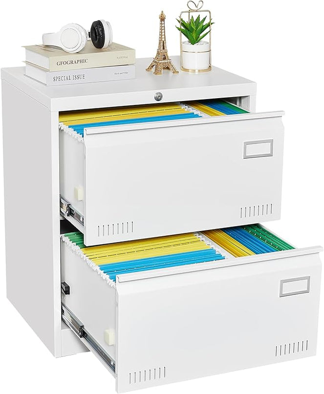 2 Drawer Lateral Lock and Card Holder, Multifunctional Metal Filing Cabinets w/Heavy 3 Section Slide Rail & Breathable Holes,for Legal/Letter/A4,White - LeafyLoom