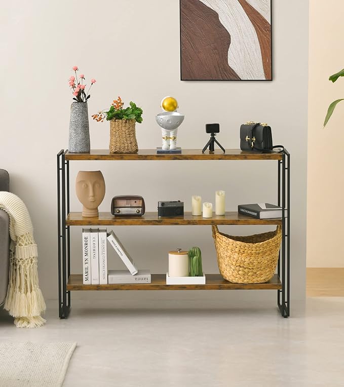HCHQHS 3-Tier Rustic Wood and Metal Industrial Bookshelf for Home Office, Bedroom, Kitchen, Bathroom - 47in - LeafyLoom