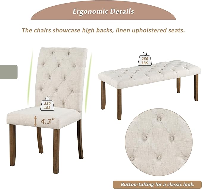 RITSU 6-Piece Retro Wood Dinette Sets Rectangular Kitchen Dining Table, 4 Upholstered Chairs & Bench, for Diningroom Living Room, Easy to Assemble, Walnut - LeafyLoom