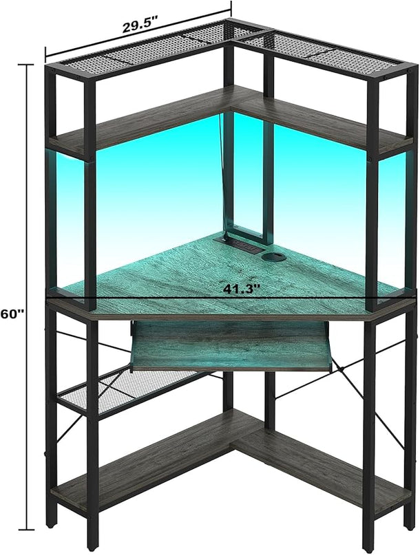Cyclysio Small Corner Desk with Hutch, Corner Gaming Desk with LED Light & Power Outlets, Computer Desk with Keyboard Tray, Triangel Desk for Small Space, Home Office, Workstation, Grey - LeafyLoom