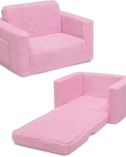 Delta Children Cozee Flip-Out Sherpa 2-in-1 Convertible Chair to Lounger for Kids, Pink - LeafyLoom