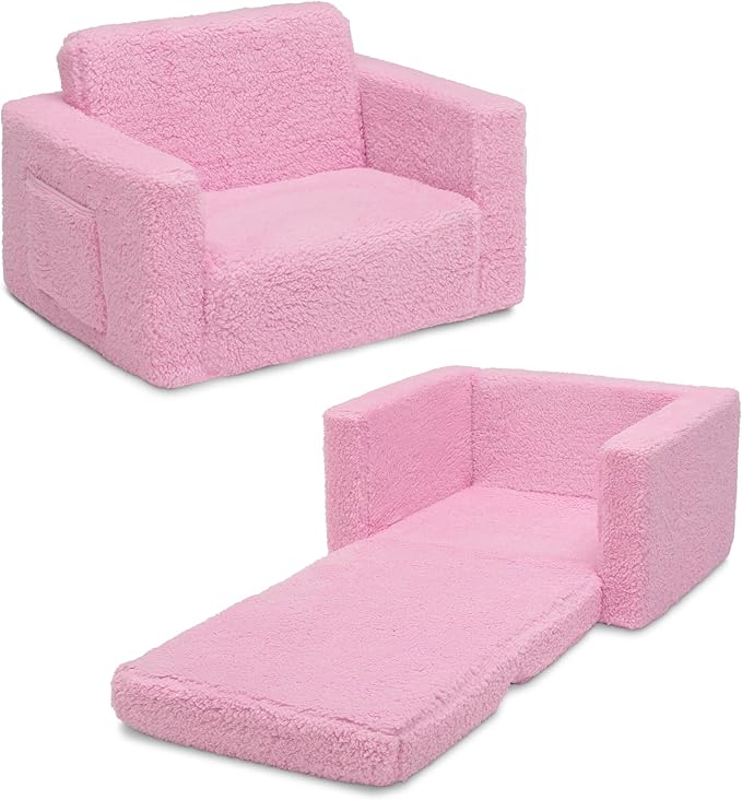 Delta Children Cozee Flip-Out Sherpa 2-in-1 Convertible Chair to Lounger for Kids, Pink - LeafyLoom