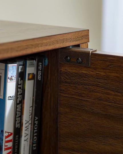 Walker Edison Saxon Mid Century Modern Glass Shelf TV Stand for TVs up to 65 Inches, 60 Inch, Walnut - LeafyLoom