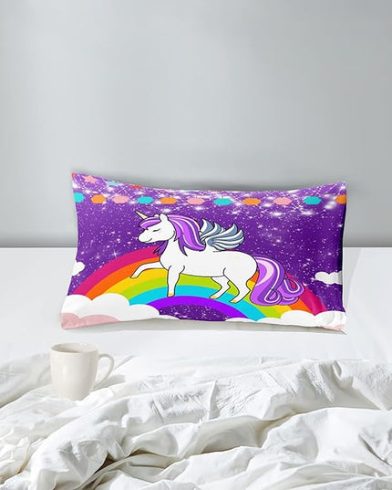 Unicorn Twin Comforter Set for Girls Twin Girls Bedding Set Cute Rainbow Unicorn Comforter Set for Kids Cartoon Girls Bedding Sets Twin Unicorn Print Bedding Sets, Purple, 1 Comforter+1 Pillowcase - LeafyLoom