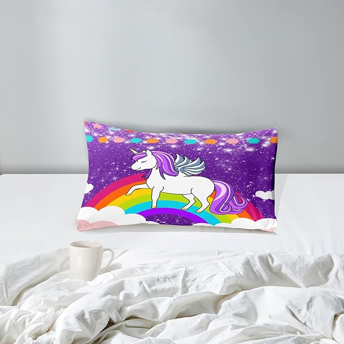 Unicorn Twin Comforter Set for Girls Twin Girls Bedding Set Cute Rainbow Unicorn Comforter Set for Kids Cartoon Girls Bedding Sets Twin Unicorn Print Bedding Sets, Purple, 1 Comforter+1 Pillowcase - LeafyLoom