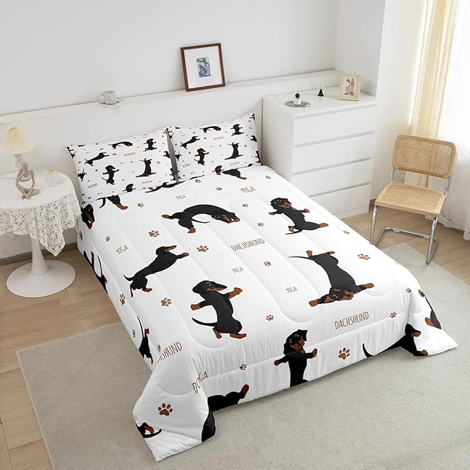 Feelyou Sausage Dog Bedding Set Boys Dachshund Comforter Set for Kids Teens Ultra Soft Puppy Dog Comforter Kawaii Pet Brown Duvet Set Room Decor Twin Size Quilt Set - LeafyLoom