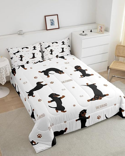 Feelyou Sausage Dog Bedding Set Boys Dachshund Comforter Set for Kids Teens Ultra Soft Puppy Dog Comforter Kawaii Pet Brown Duvet Set Room Decor Queen Size Quilt Set - LeafyLoom