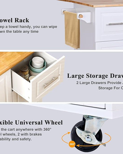 soges Mobile Kitchen Island with Storage and Drop Leaf on Wheels, Rolling Kitchen Island Table Cart with 3 Drawers and Large Storage Cabinets, Spacious Desktop, Adjustable Shelves, White - LeafyLoom