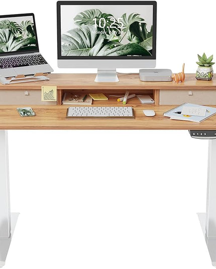 FEZIBO 40 x 24 Inch Height Adjustable Electric Standing Desk with Double Drawer, Stand Up Desk with Storage Shelf, Sit Stand Desk, Light Rustic - LeafyLoom