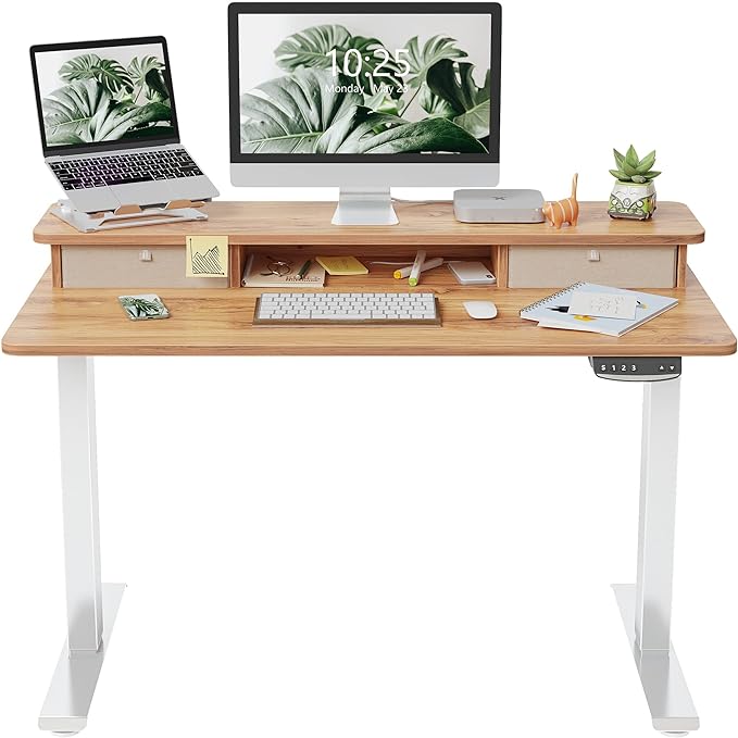 FEZIBO 40 x 24 Inch Height Adjustable Electric Standing Desk with Double Drawer, Stand Up Desk with Storage Shelf, Sit Stand Desk, Light Rustic - LeafyLoom